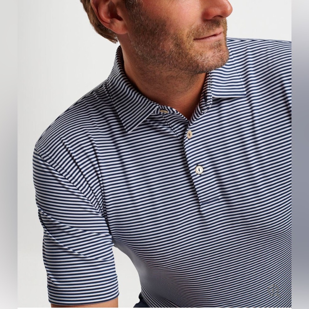 Peter Millar Hales Performance Jersey Polo in navy and white striped